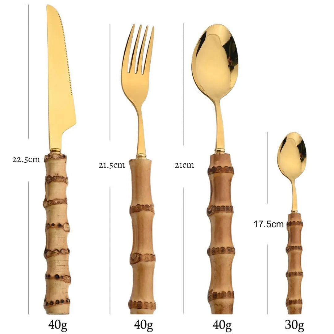 Jogo de Talheres Inox 24 Peças – Cabo Bambu Natural