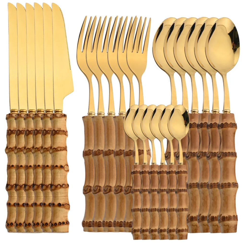 Jogo de Talheres Inox 24 Peças – Cabo Bambu Natural