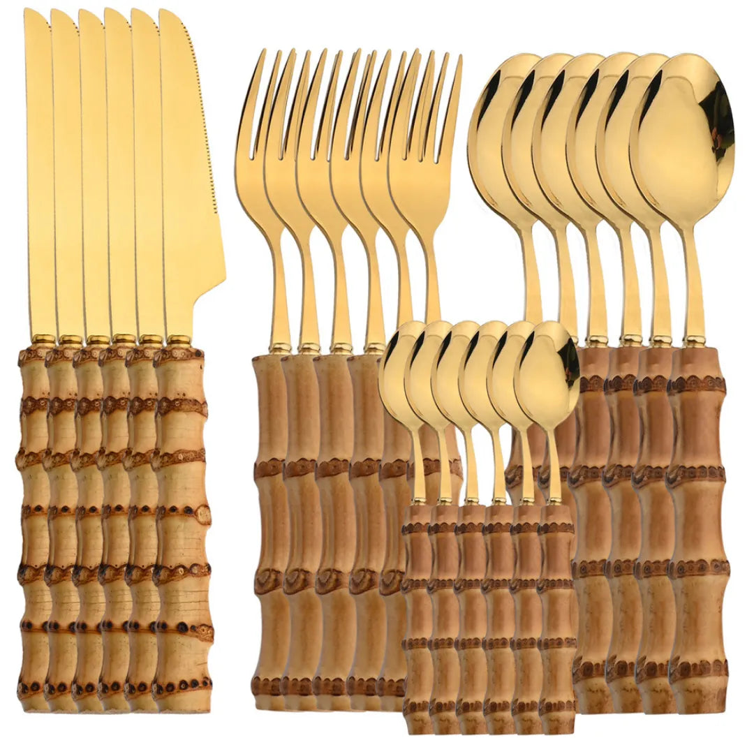 Jogo de Talheres Inox 24 Peças – Cabo Bambu Natural