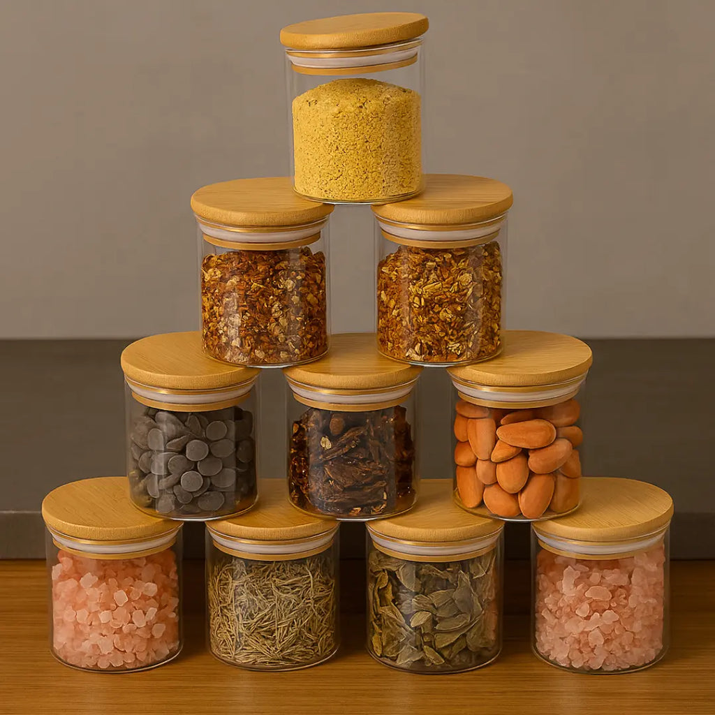 Porta Temperos com Tampa de Bambu – Kit com 6 Unidades de 200ml