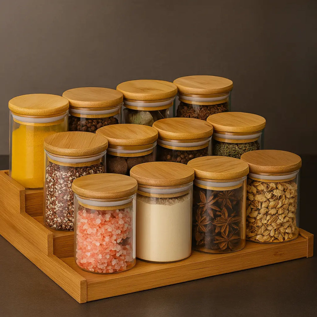 Porta Temperos com Tampa de Bambu – Kit com 6 Unidades de 200ml