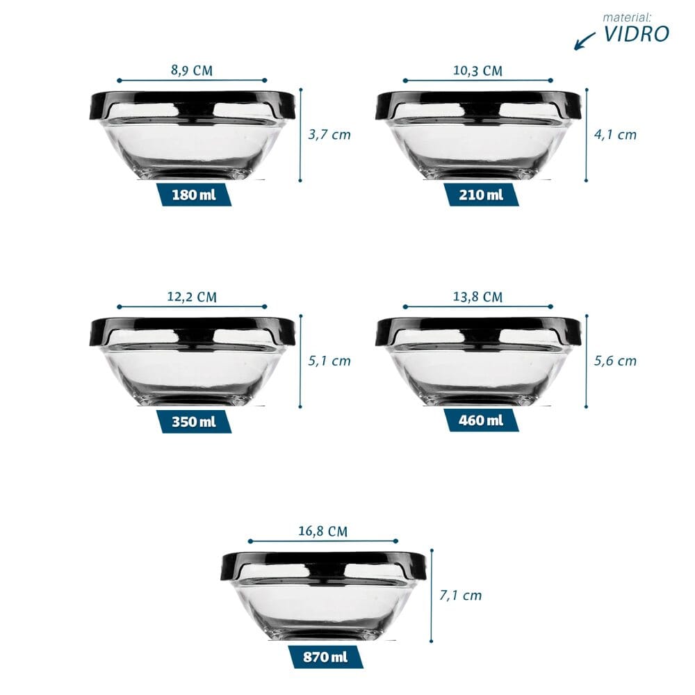 Kit 5 Potes de Vidro com Tampa Preta