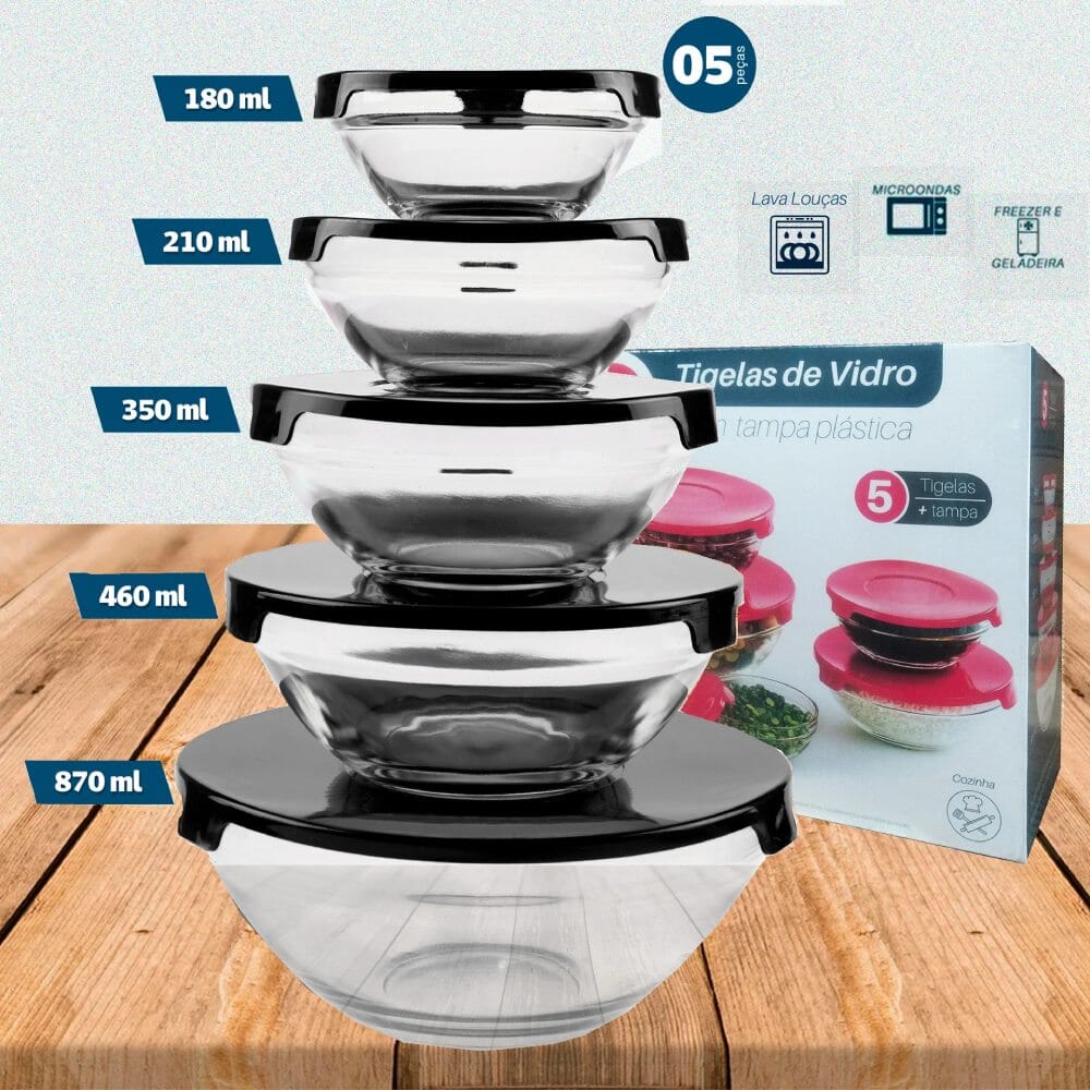 Kit 5 Potes de Vidro com Tampa Preta